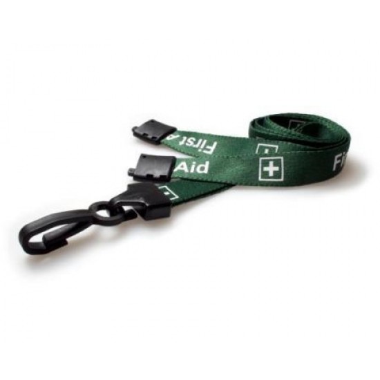 First Aid Green Printed Lanyards 15mm Wide Plastic Clip - Pack of 10