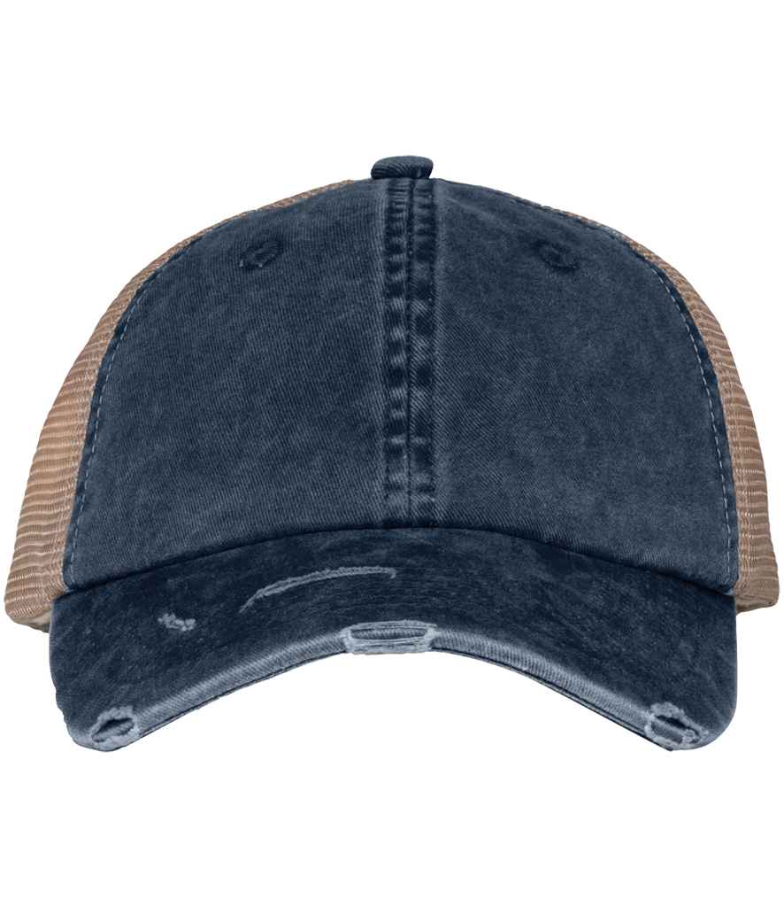 [NS027 NV/BE ONE] Native Spirit Washed Trucker Destroy Cap (Navy/Beige)