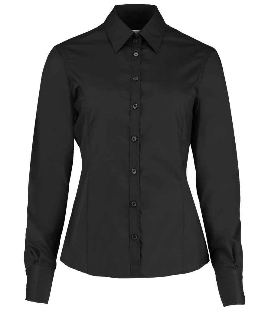 [K743F BLK 6] Kustom Kit Ladies Long Sleeve Tailored Business Shirt (Black, 6)