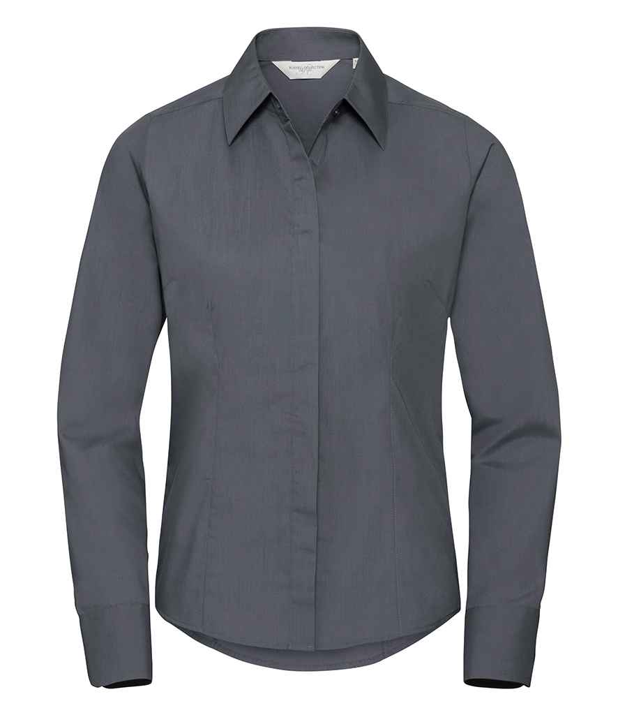 [924F CVY XS] Russell Collection Ladies Long Sleeve Fitted Poplin Shirt (Convoy Grey, XS)