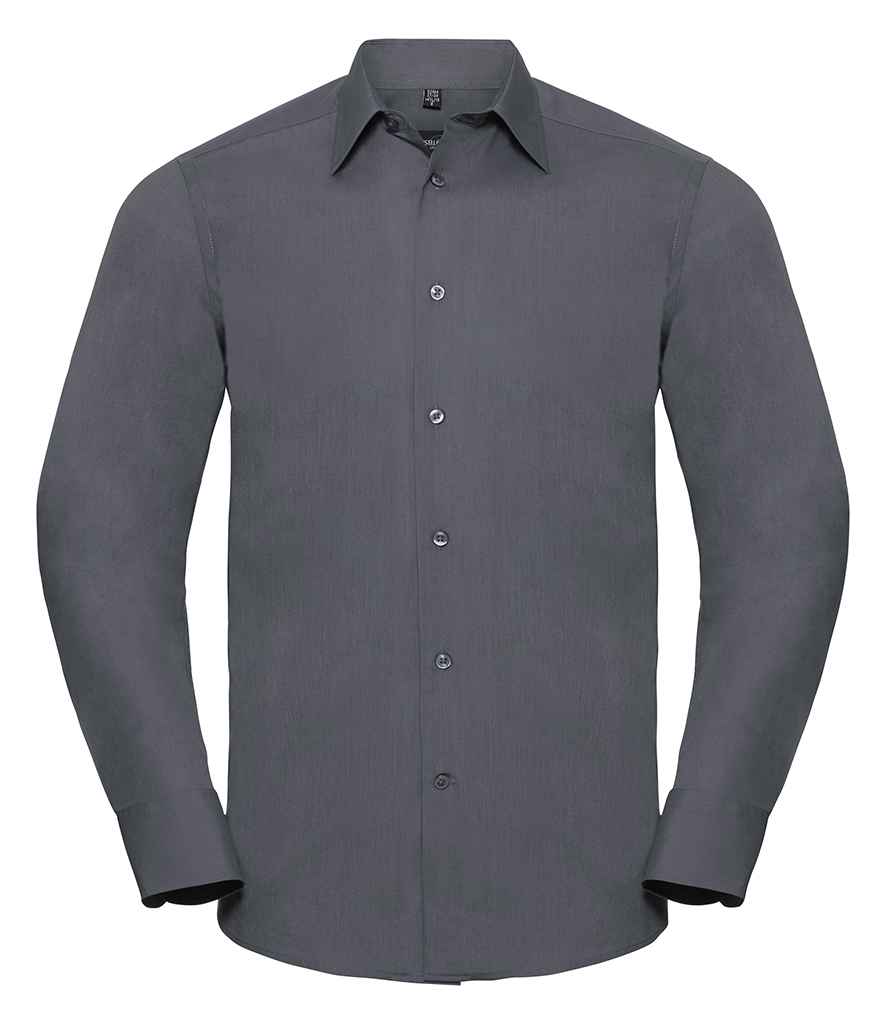 [924M CVY S] Russell Collection Long Sleeve Tailored Poplin Shirt (Convoy Grey, S)