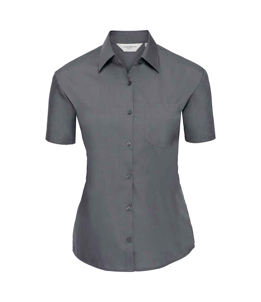 [935F CVY XS] Russell Collection Ladies Short Sleeve Easy Care Poplin Shirt (Convoy Grey, XS)