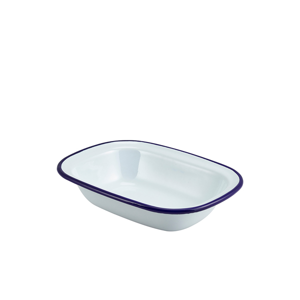 Enamel Rect. Pie Dish White & Blue 20cm (Pack of 12)