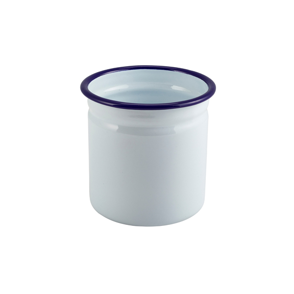 Enamel Cutlery Holder White with Blue Rim 11.5cm Dia (Pack of 6)