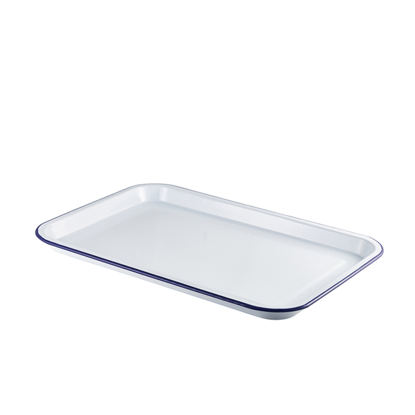 Enamel Serving Tray White with Blue Rim 33.5x23.5x2.2cm (Pack of 6)