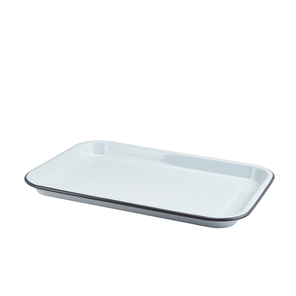 Enamel Serving Tray White with Grey Rim 33.5x23.5x2.2cm (Pack of 6)