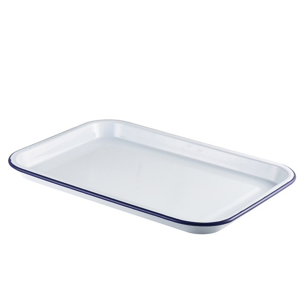 Enamel Serving Tray White with Blue Rim 38.2x26.4x2.2cm (Pack of 6)