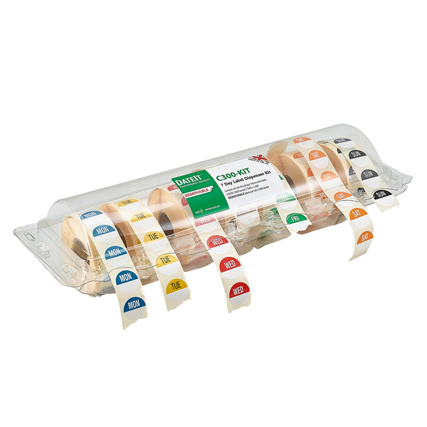 [BC-NC300-KIT] 19mm Removable Day of the Week Labels 7 Days W/ Dispenser (7 X 1000)