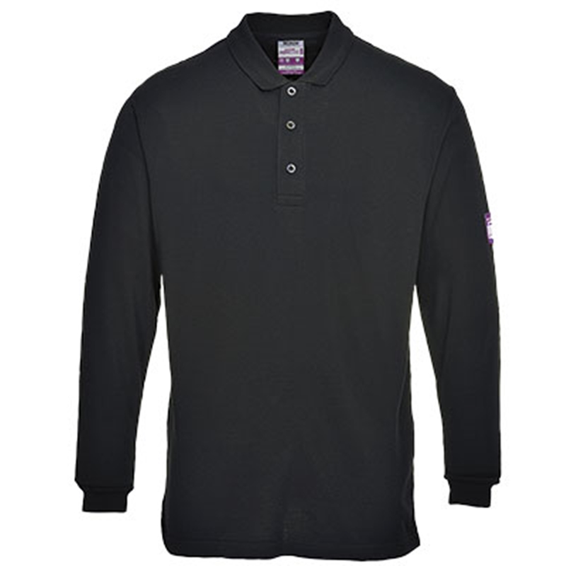 Portwest Flame-Resistant Anti-Static Long Sleeve Polo Shirt (Black, XS)
