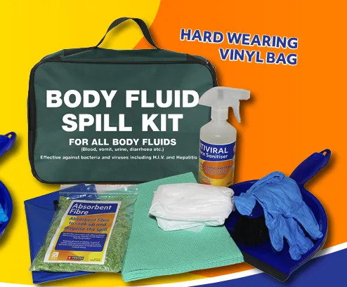 Body Fluid Spill Kit with Disinfectant Powder, In Green Zip Bag Printed