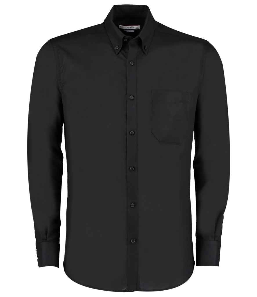 [K184 BLK 14] Kustom Kit Long Sleeve Slim Fit Workwear Oxford Shirt (14, Black)
