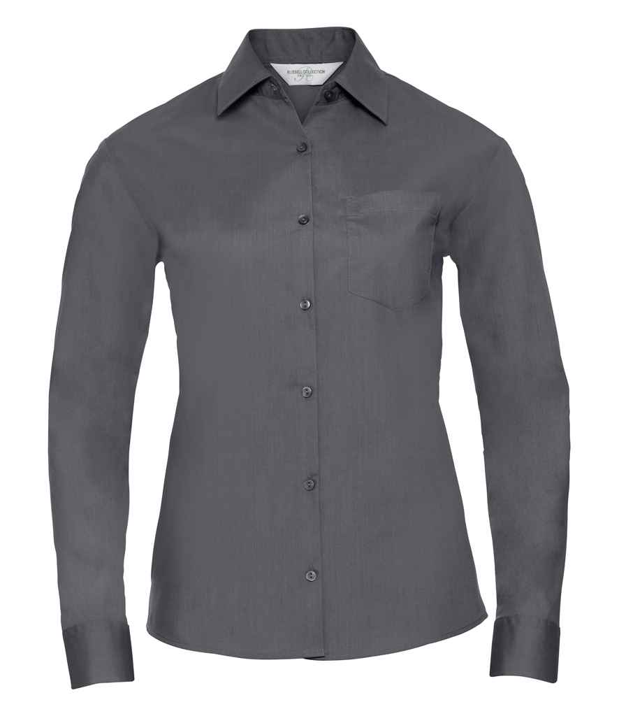 [934F CVY XS] Russell Collection Ladies Long Sleeve Easy Care Poplin Shirt (XS, Convoy Grey)