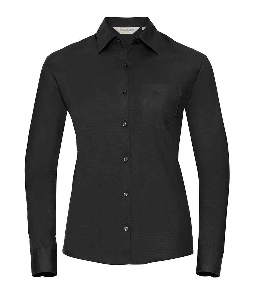 [936F BLK XS] Russell Collection Ladies Long Sleeve Easy Care Cotton Poplin Shirt (XS, Black)