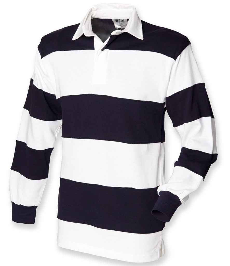 [FR8 WH/NV S] Front Row Sewn Stripe Rugby Shirt (S, White/Navy)