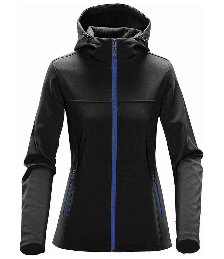 [KSH1W BK/AZ XS] Stormtech Ladies Orbiter Hooded Soft Shell Jacket (XS, Black/Azure)