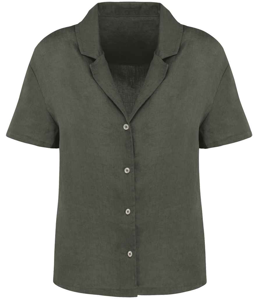 Spasso Ladies Short Sleeve Linen Bowling Collar Shirt