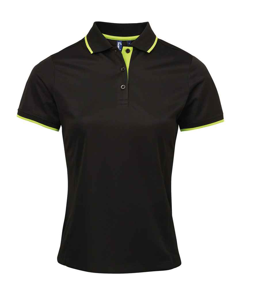 [PR619 BK/LM XS] Premier Ladies Contrast Coolchecker® Piqué Polo Shirt (XS, Black/Lime Green)
