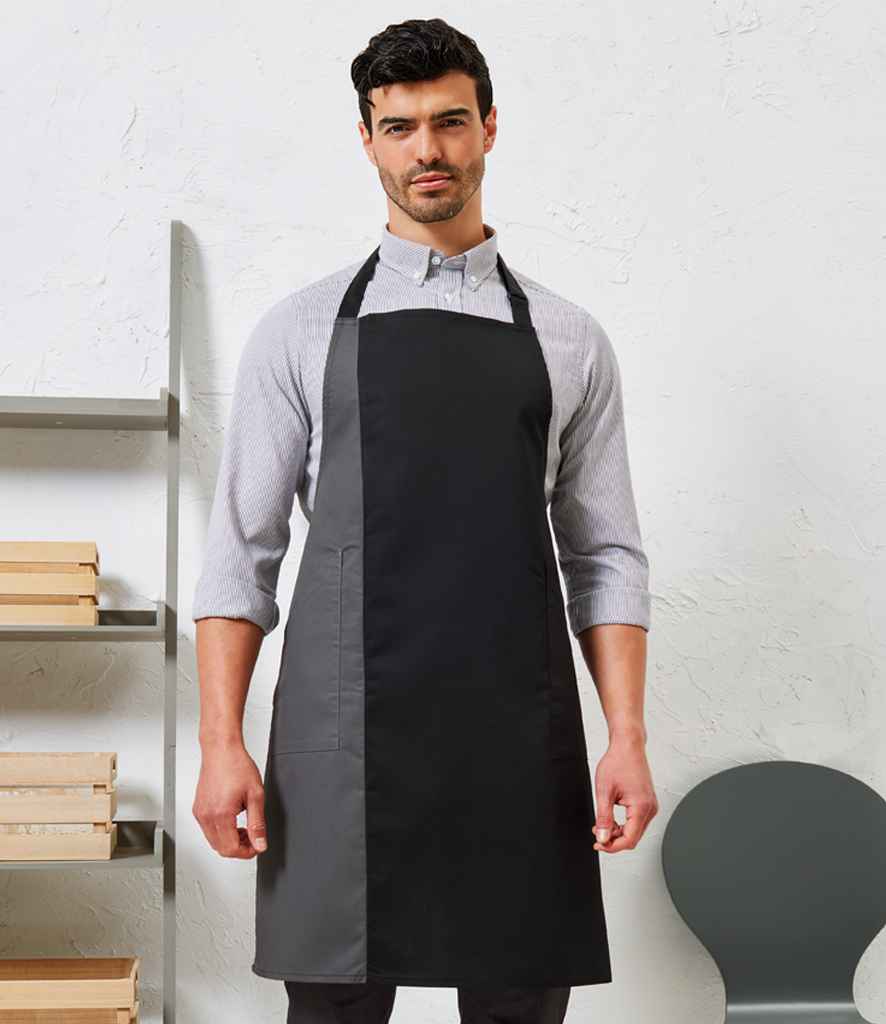 [PR162 BK/LM ONE] Premier Contrast Bib Apron (Black/Lime Green)