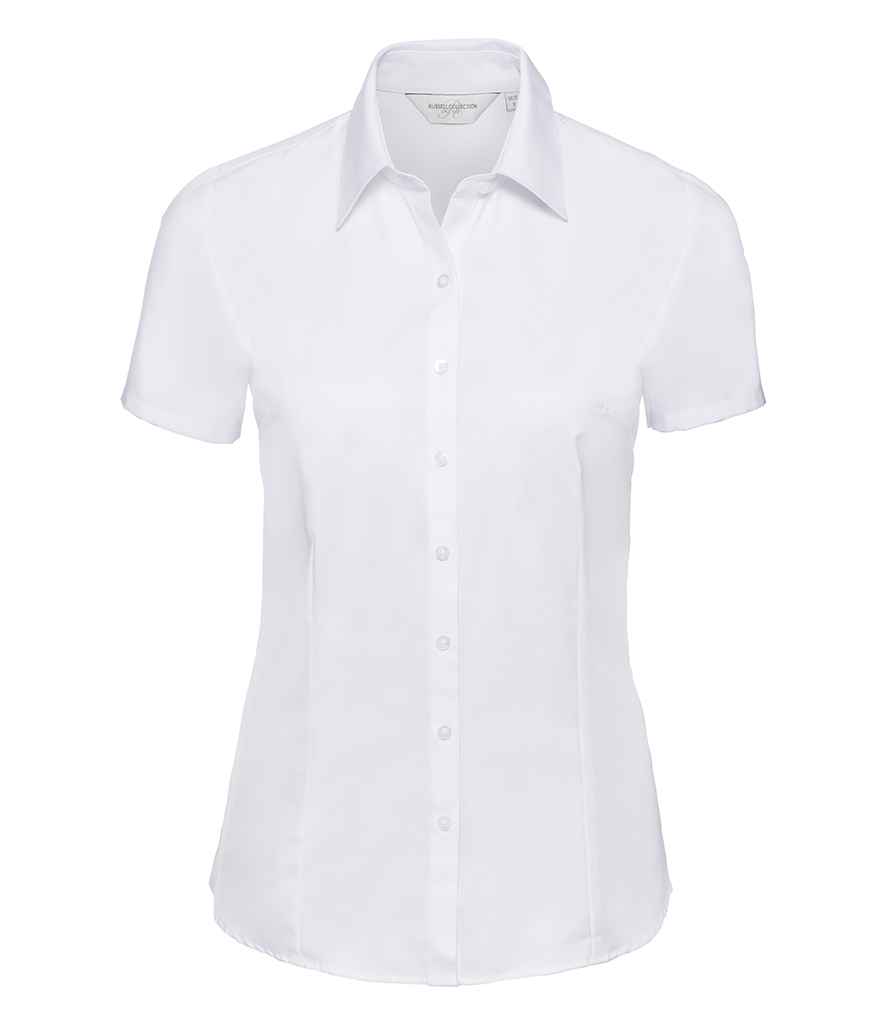 [963F WHI XS] Russell Collection Ladies Short Sleeve Herringbone Shirt (White, XS)