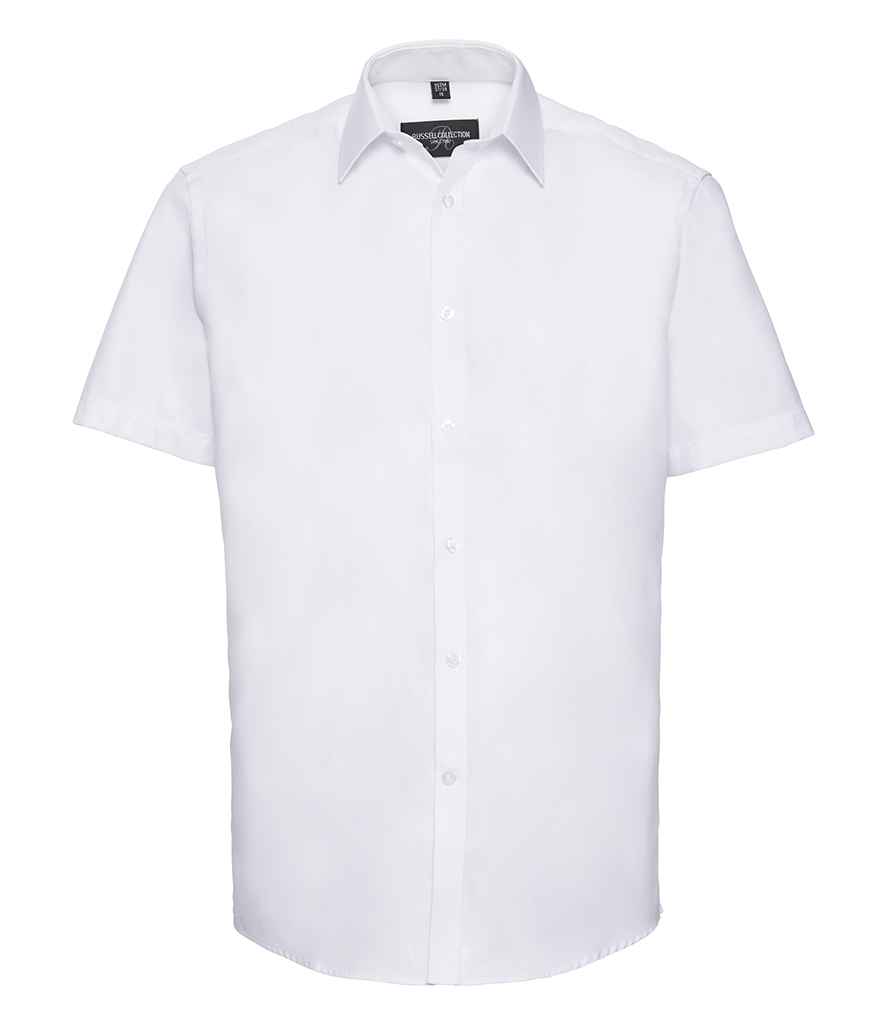 [963M WHI 14.5] Russell Collection Short Sleeve Herringbone Shirt (White, 14.5)